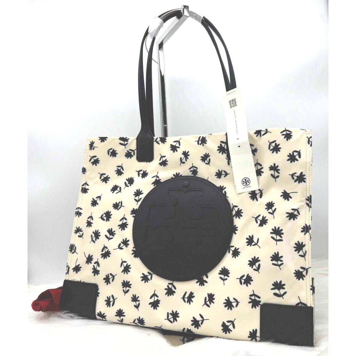 Tory Burch Ella Logo Daisy Prints LG Nylon Tote In Black Scatter Daisy
