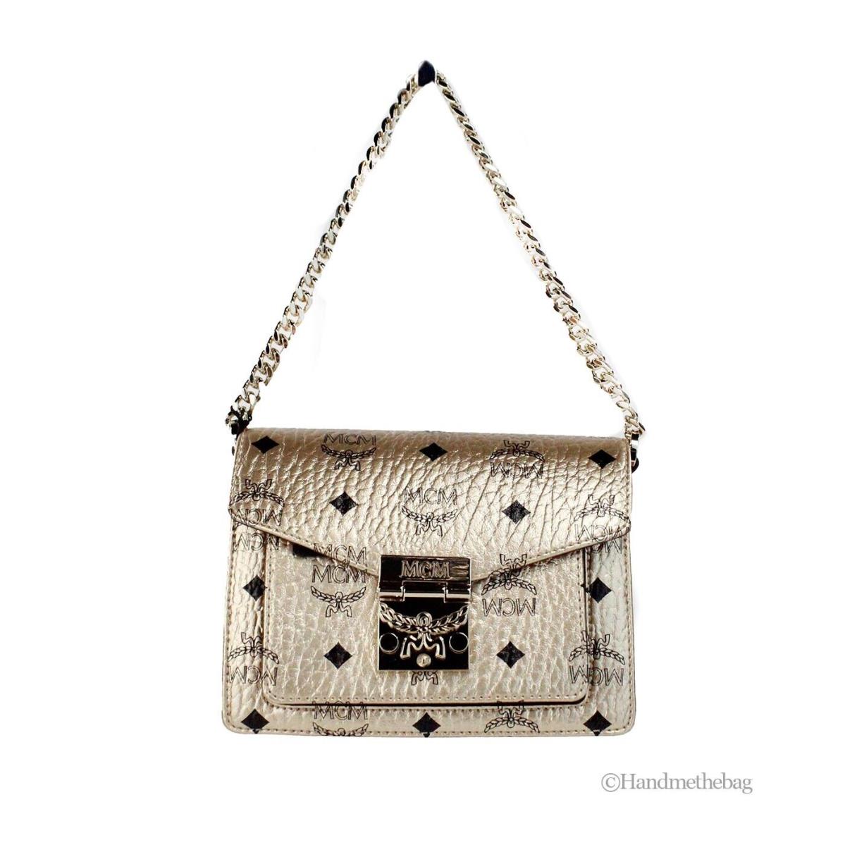 Mcm Signature Berlin Gold Leather Mini Flap Lock Crossbody Bag