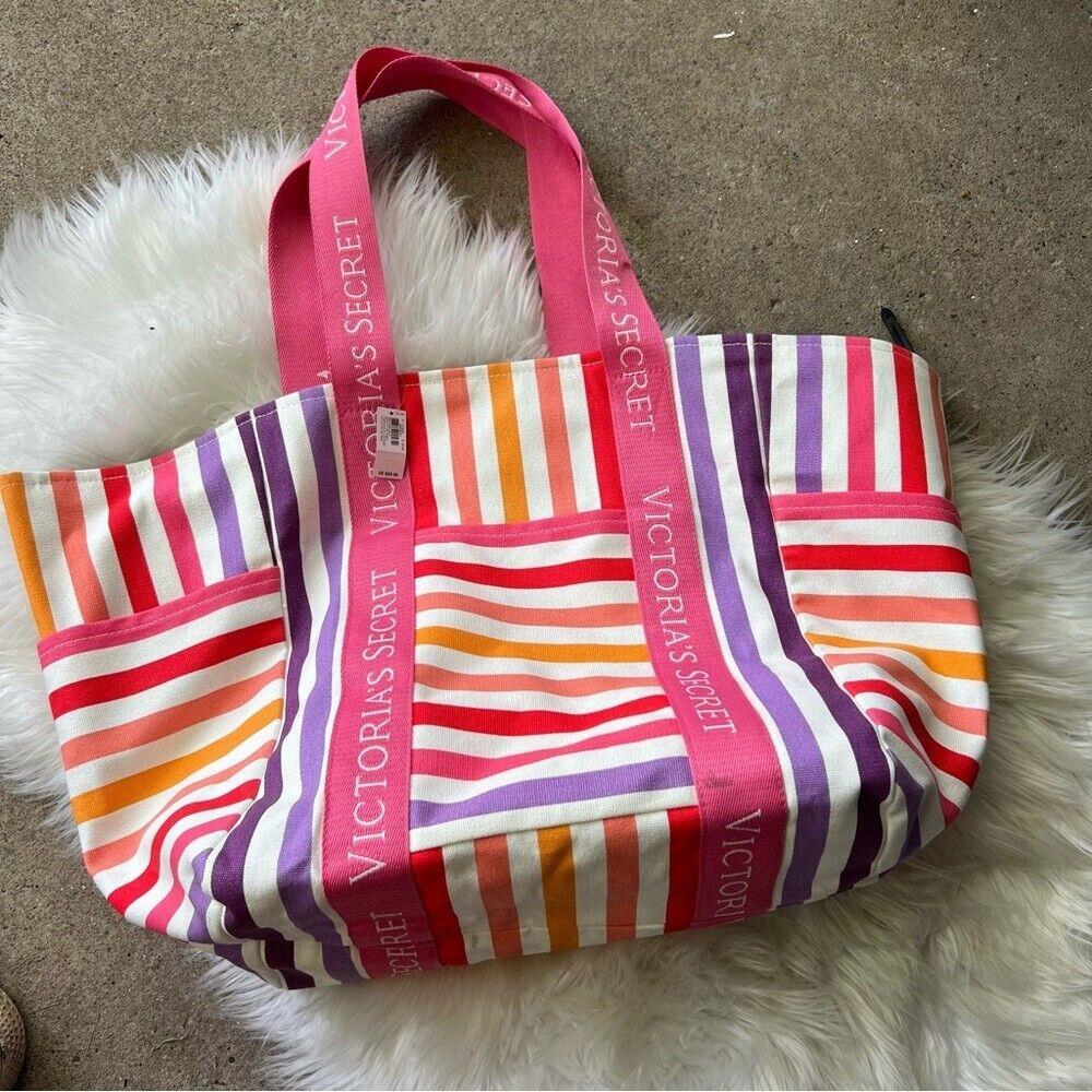 Victoria s Secret Multicolor Pink and Orange Striped Beach Tote Purse Bag