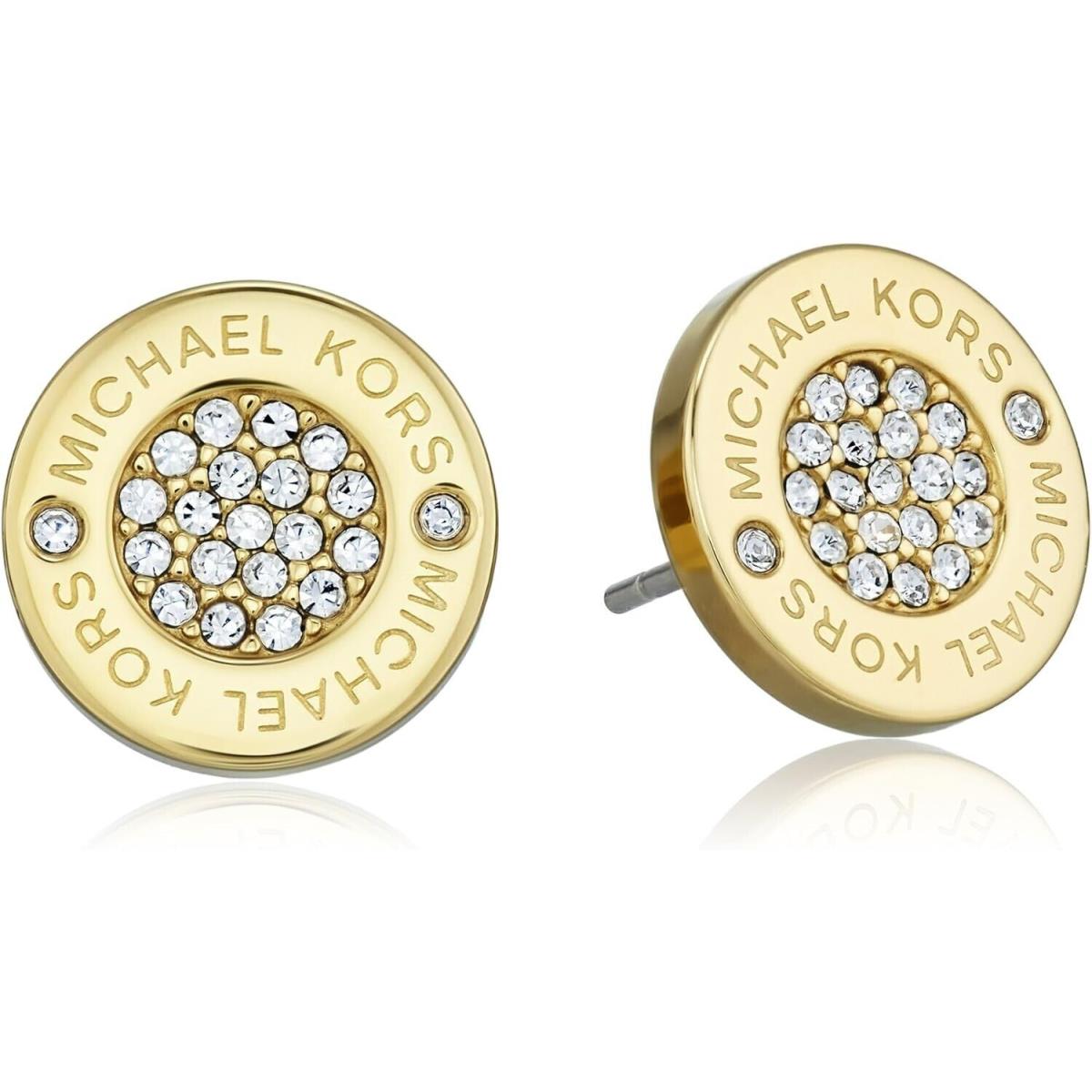 Michael Kors Gold Tone Plaque Crystals Round Stud Signature Earrings MKJ3351