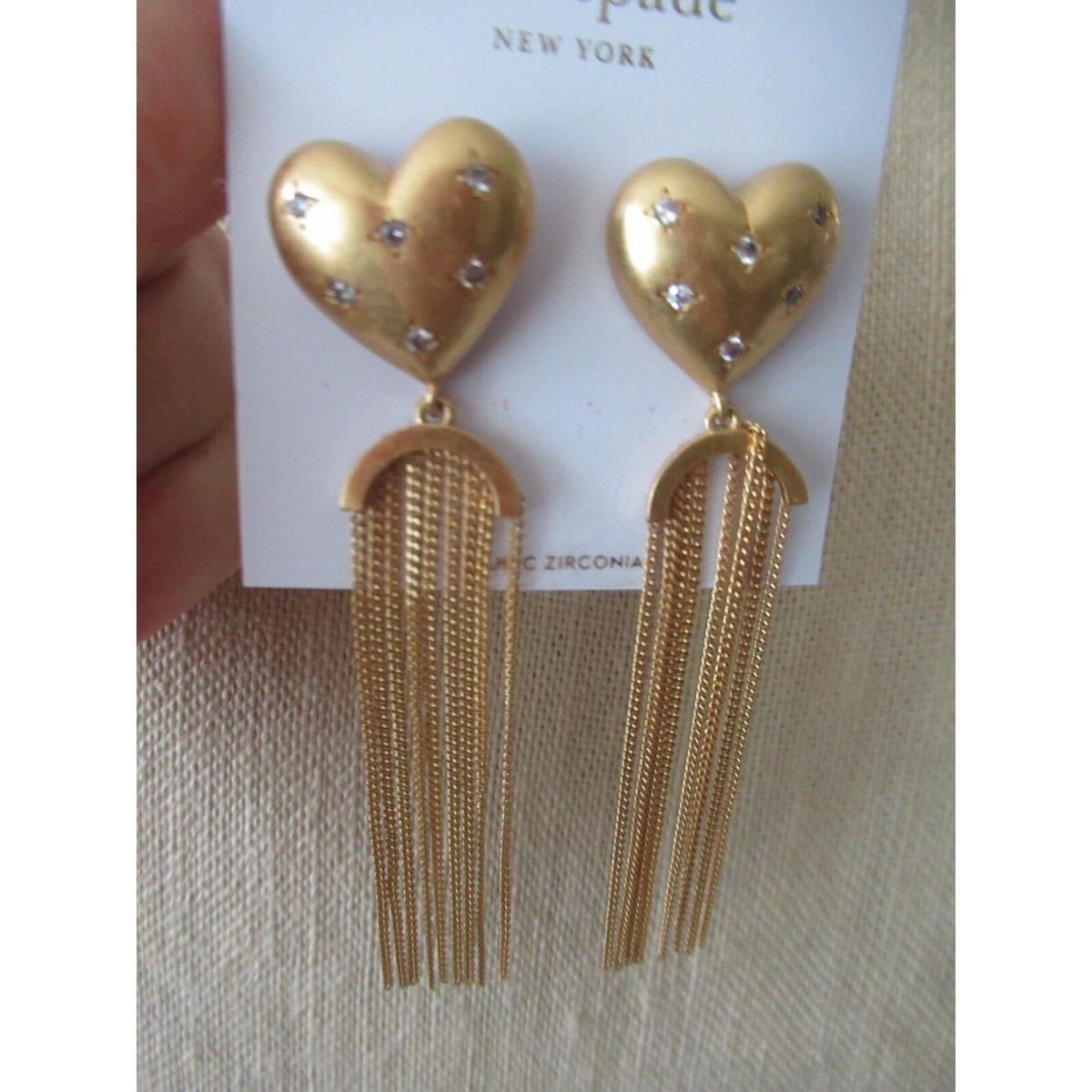 Kate Spade My Precious Gold Tone Heart Drop Earrings/ Fringe/ Pave Stones