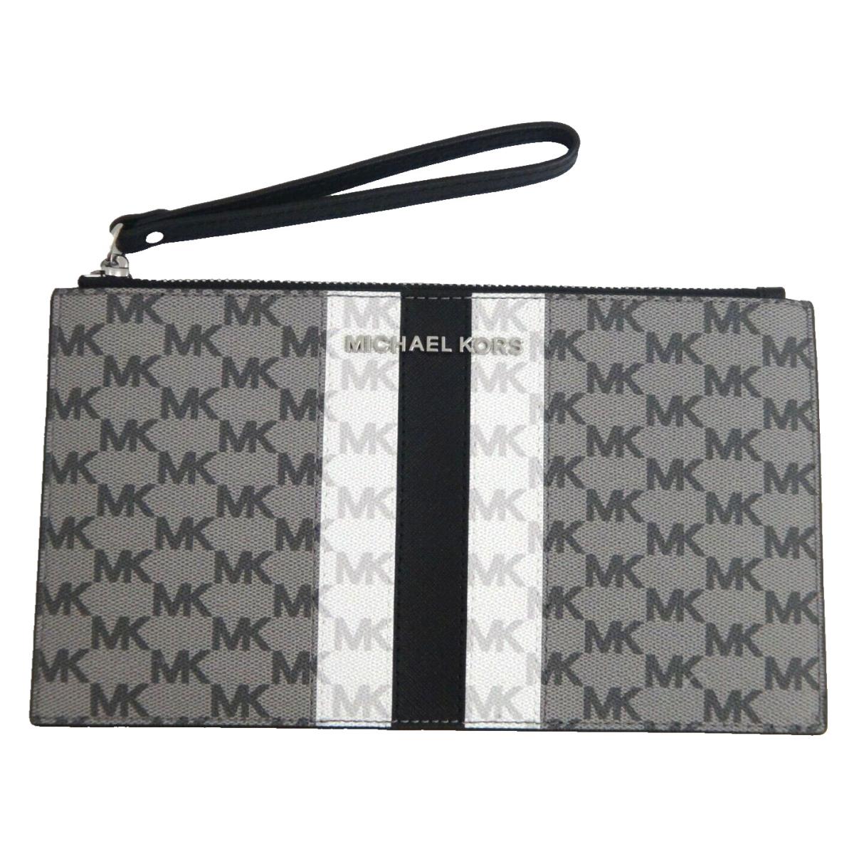 Michael Kors Center Stripe MK Signature Clutch Wrist-let Wallet Pearl Gray Multi