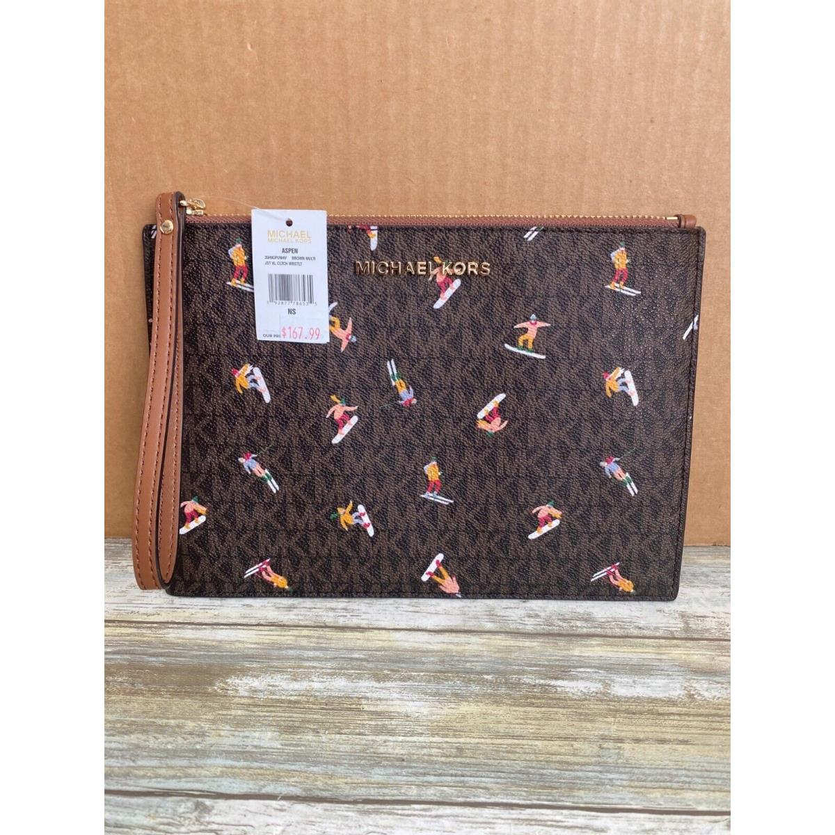 Michael Kors Aspen Ski Print Brown Logo XL Jet Set Clutch Wristlet
