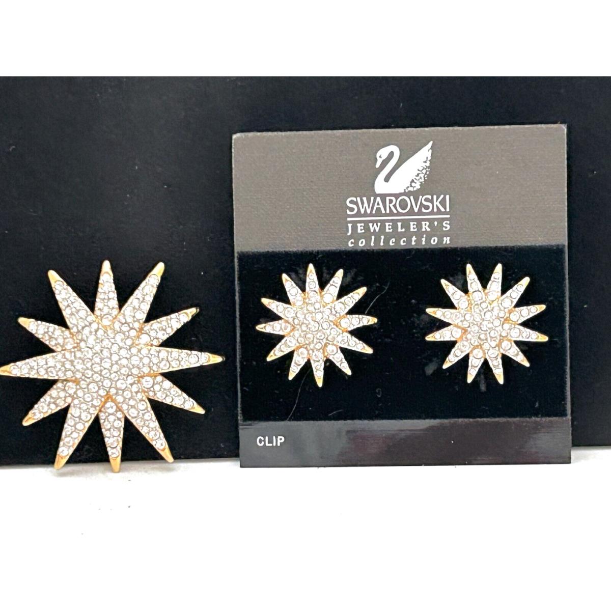 Swarovski Swan Signed Starburst Brooch and Earrings Pave Crystals On Card