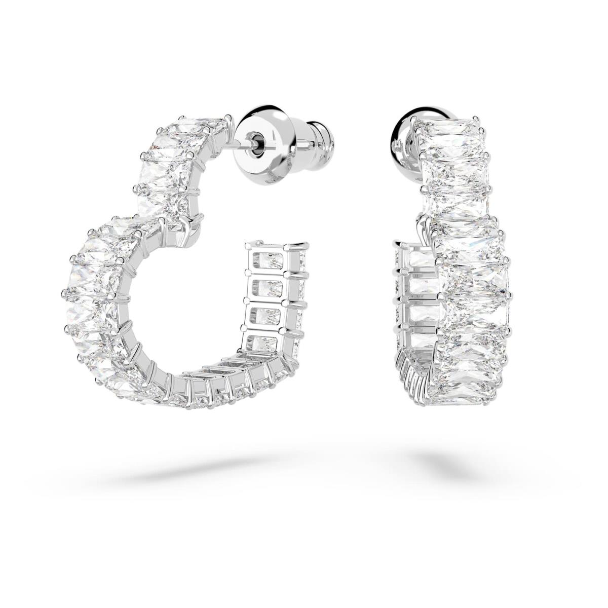 Swarovski Matrix Hoop Earrings Baguette Cut Heart Small White Rhodium Plated