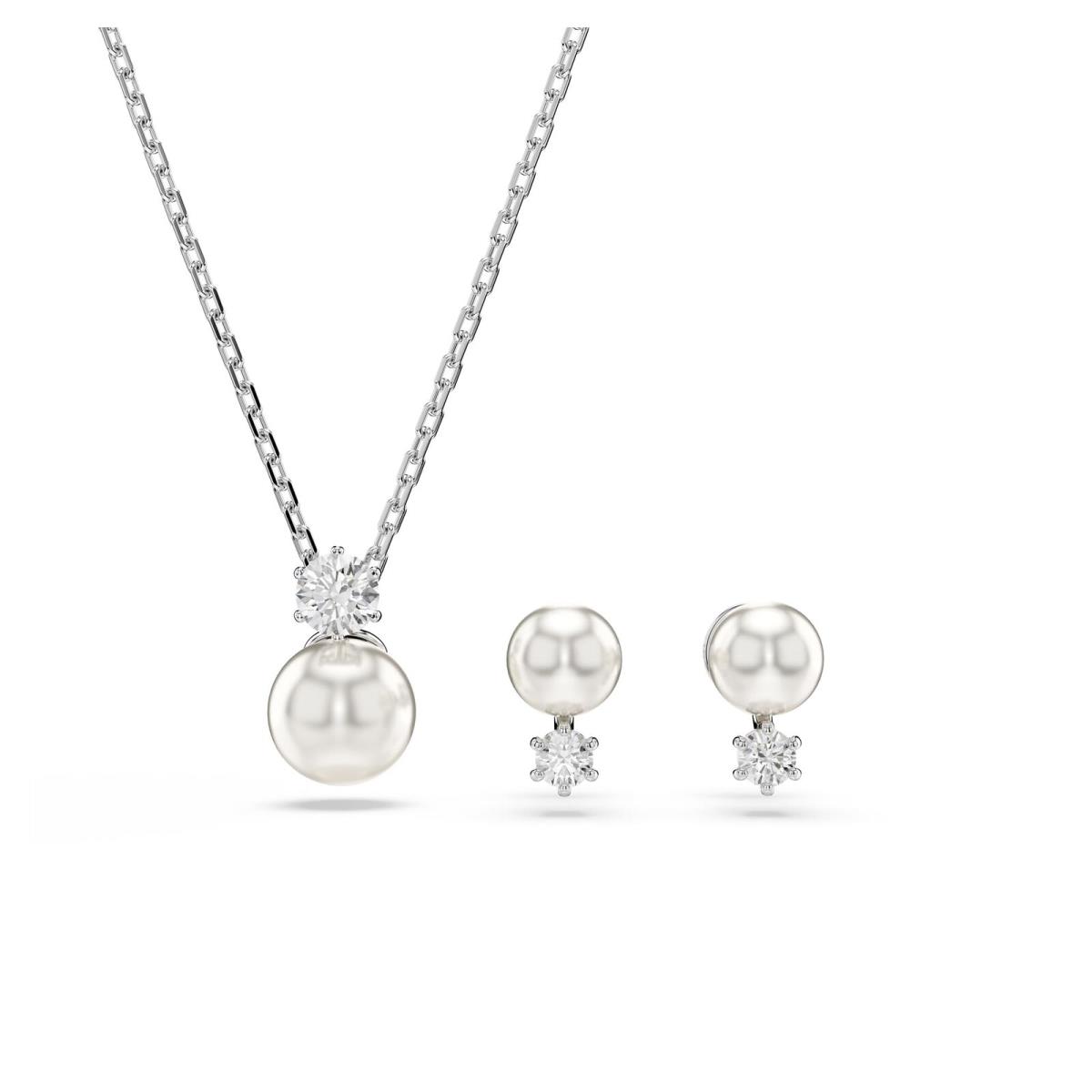 Swarovski Matrix Necklace Earrings Set Crystal Pearl White Rhodium Plated