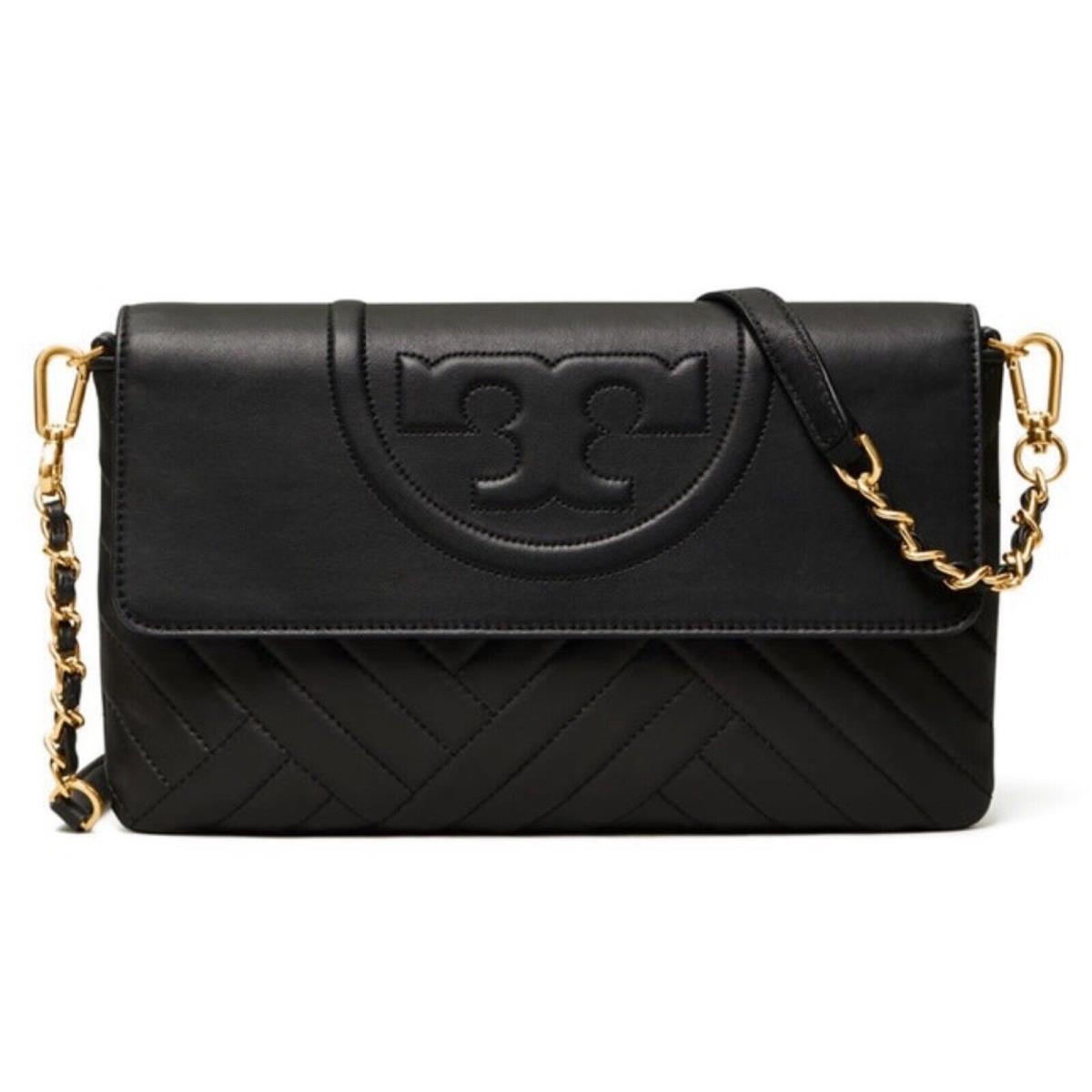 Tory Burch Alexa Quilted Black Leather Clutch Shoulder Bag