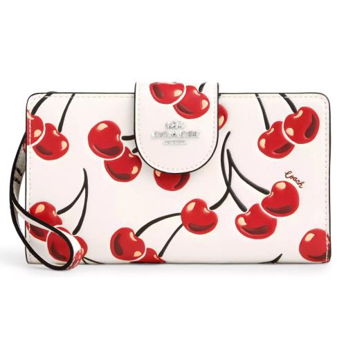 Coach Phone Tech Wallet - CZ331 Chalk Calf Leather W/red Cherry Print