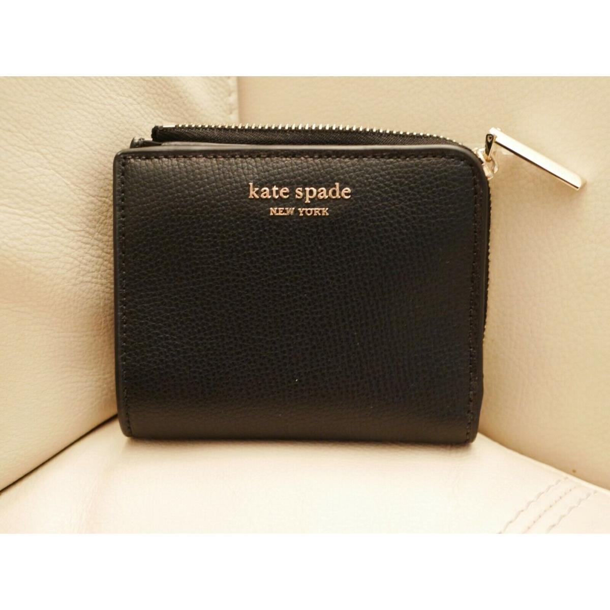 New Kate Spade Black Leather Small Bifold Wallet Zipper Sylvia