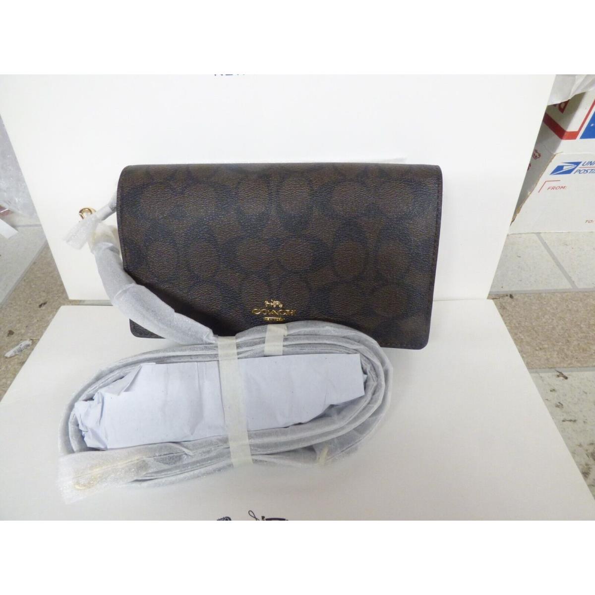 Coach Anna Brown Black Signature Foldover Crossbody Clutch 3036 Bag Purse