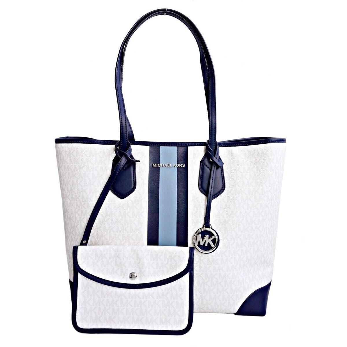 Michael Kors Eva Large Shoulder Stripe Tote Bag Chambray Navy White