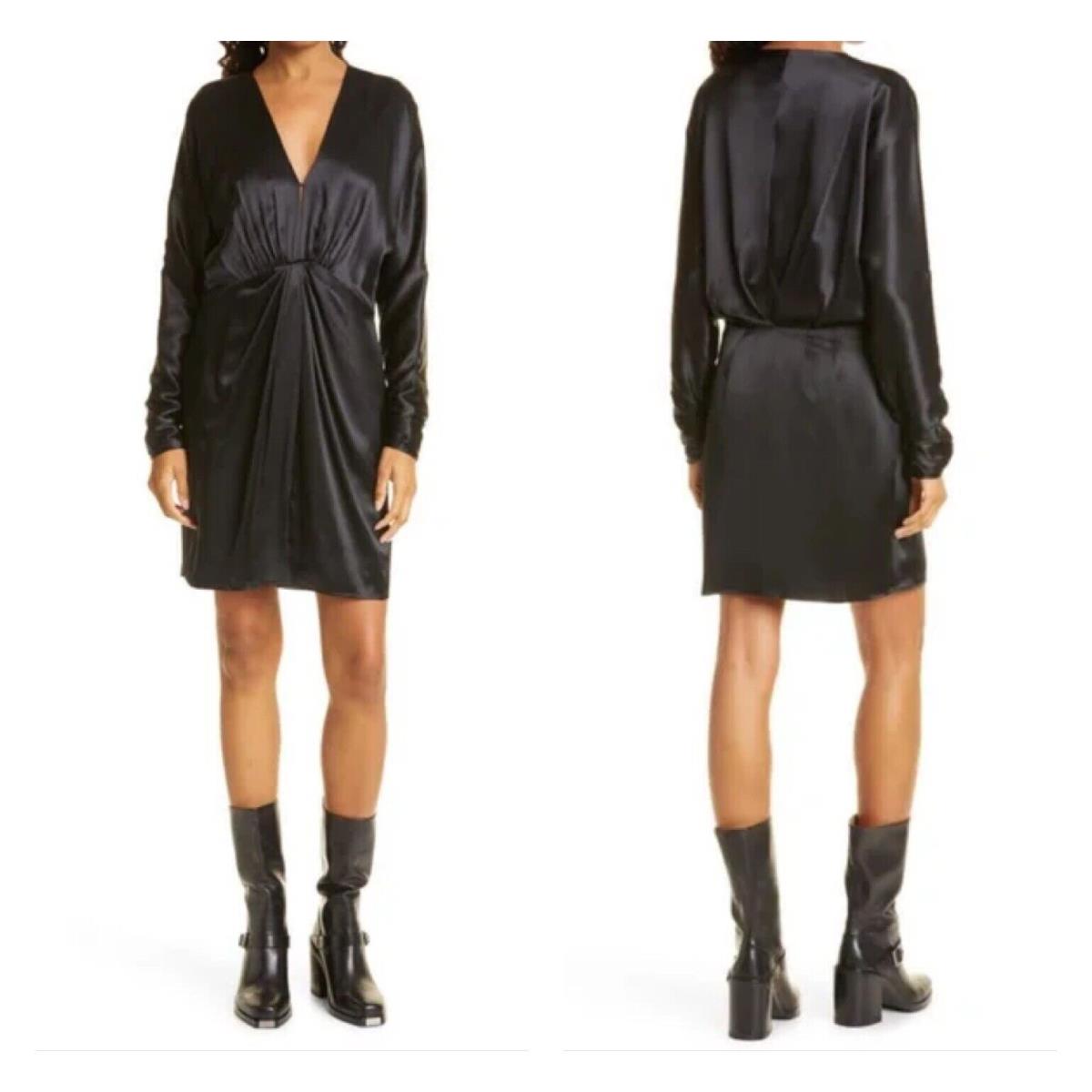 Rag Bone Women`s 4 Black Silk Satin Eloise Gathered Ruched Dress Side Zip