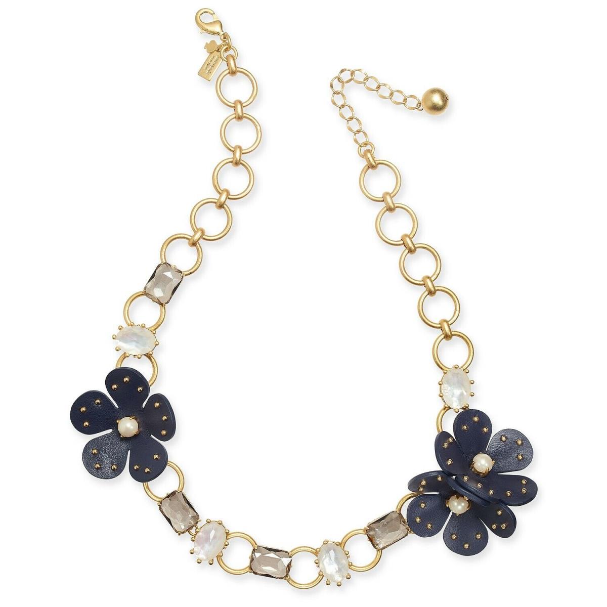 Kate Spade York Blooming Bling Leather Navy Blue Flower Necklace
