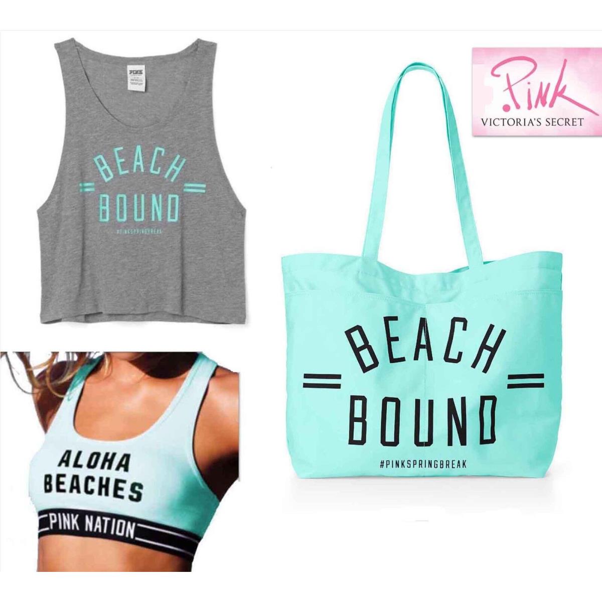 M Set 3 Pz Victoria`s Secret Tote Bag Bra Top Tank Top Mint Beach Bound by Victoria's Secret