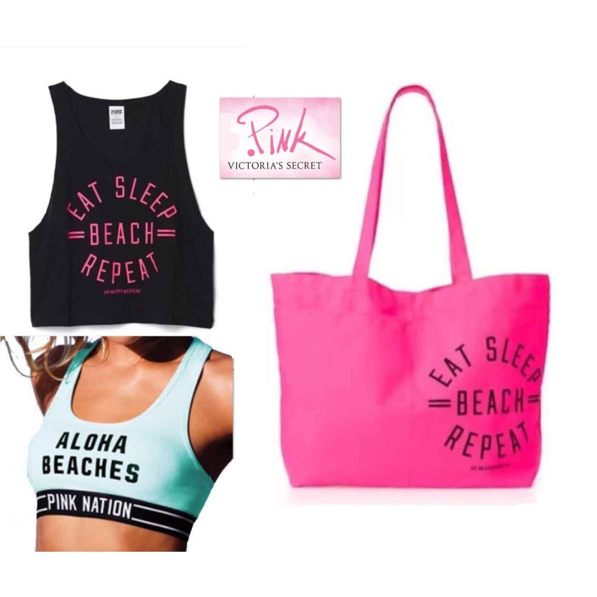 Sz M 3Pz Victoria`s Secret Tote Bag Bra Tank Top Pink Black Eat Sleep Beach by Victoria's Secret