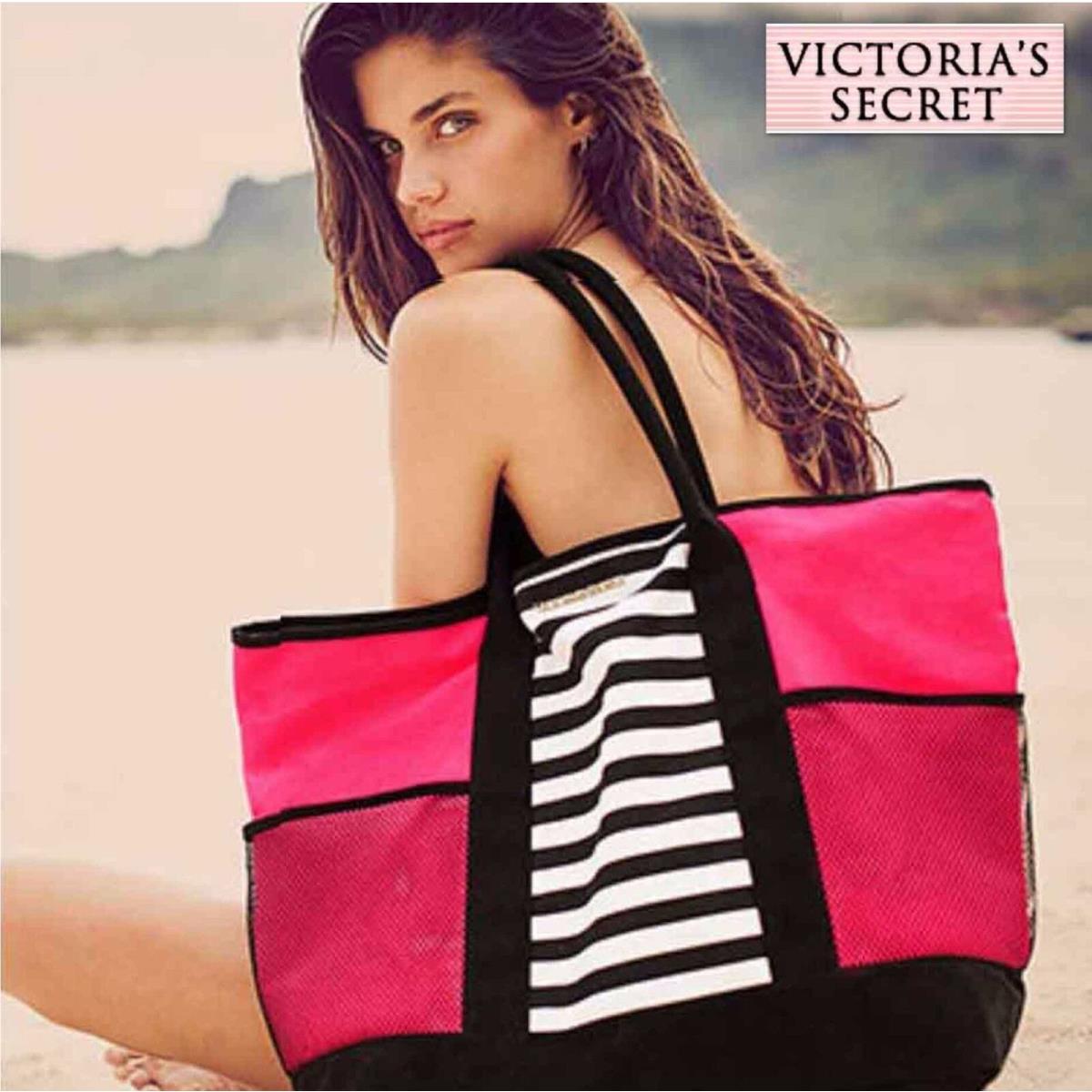Victoria`s Secret Island Tote Beach Pink Black Striped Gym Travel 2016 Bag