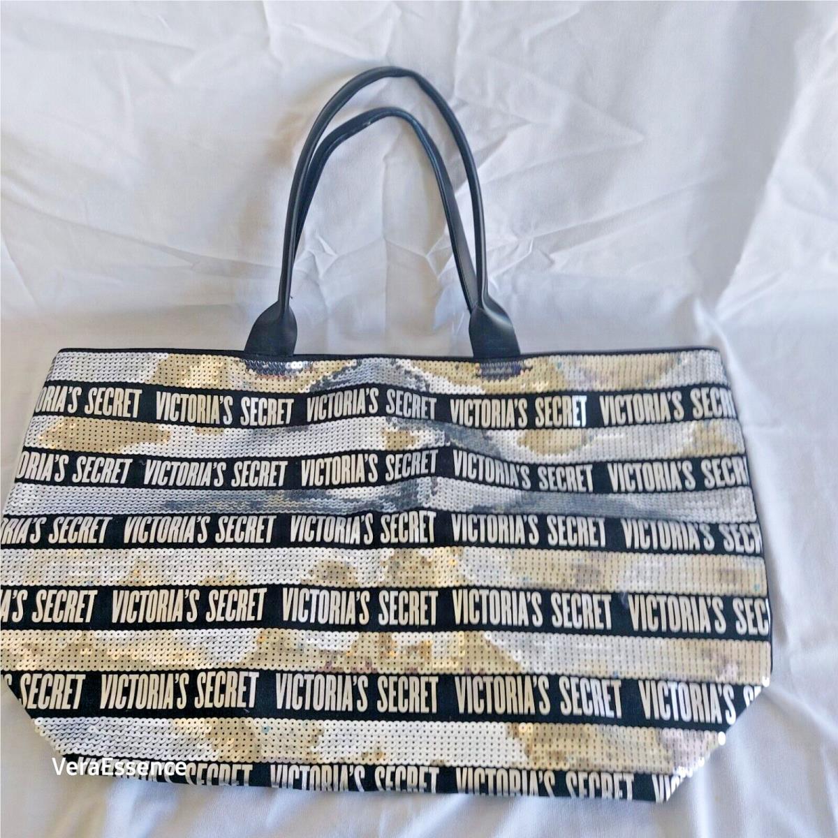 Victoria`s Secret Silver Black Logo Tote Bag Shopper Weekender Travel