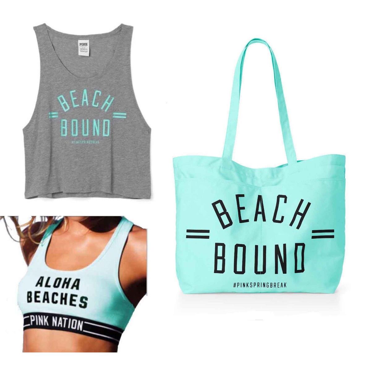 Sz M Set 3 Pz Victoria`s Secret Tote Bag Bra Top Tank Top Mint Beach Bound by Victoria's Secret