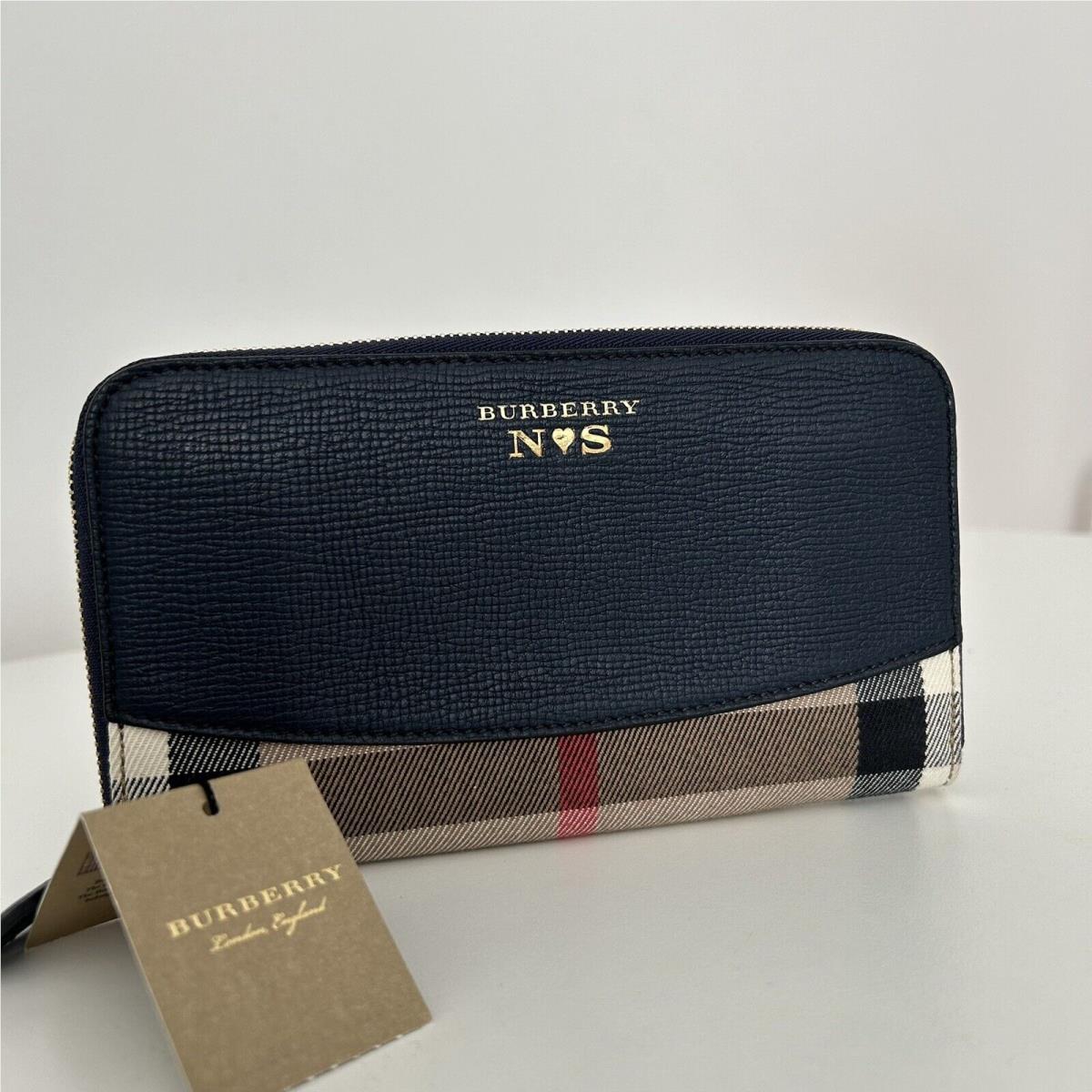 Burberry House Check Large Sartorial Ziggy Zip Around Wallet Navy Blue