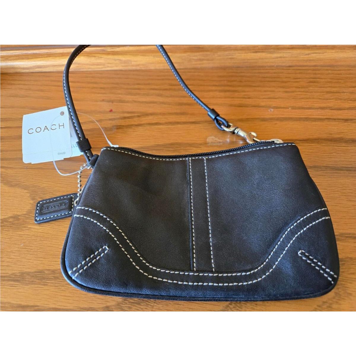 Coach Leather Signature Contrast Trim Wristlet Pouch Clutch Black