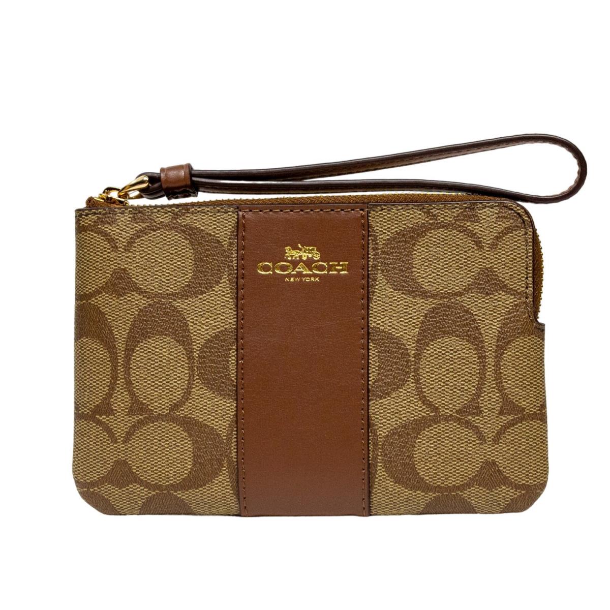 Coach Tan Signature Coated Canvas Brown Leather Corner Zip Wallet Wristlet