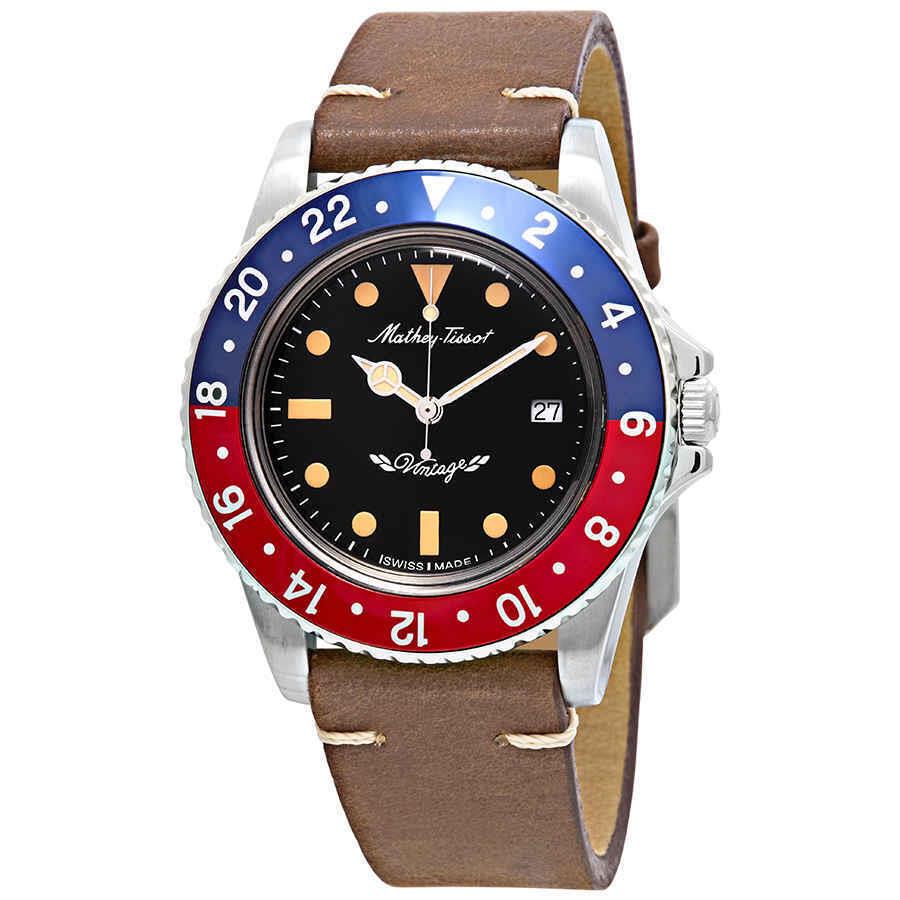 Mathey-tissot Mathey Vintage Black Dial Pepsi Bezel Black Dial Men`s Watch - Dial: Black, Band: Brown, Bezel: Red, Blue