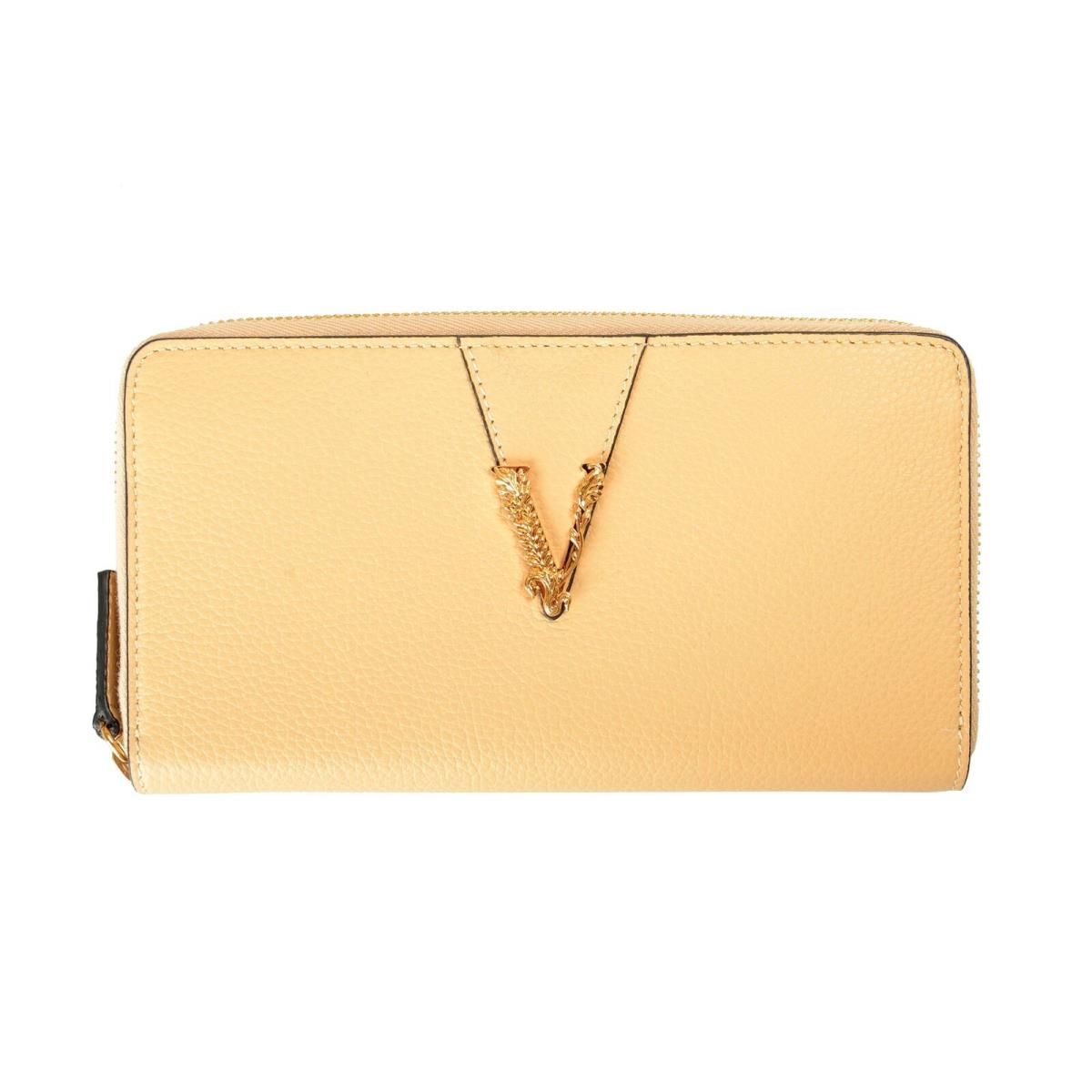 Versace Women`s Beige Pebbled Leather V-logo Zip Around Wallet