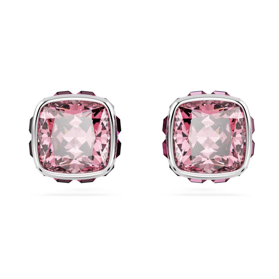 Swarovski Birthstone Earrings Square Cut October Pink Rhodium Plated 5661960