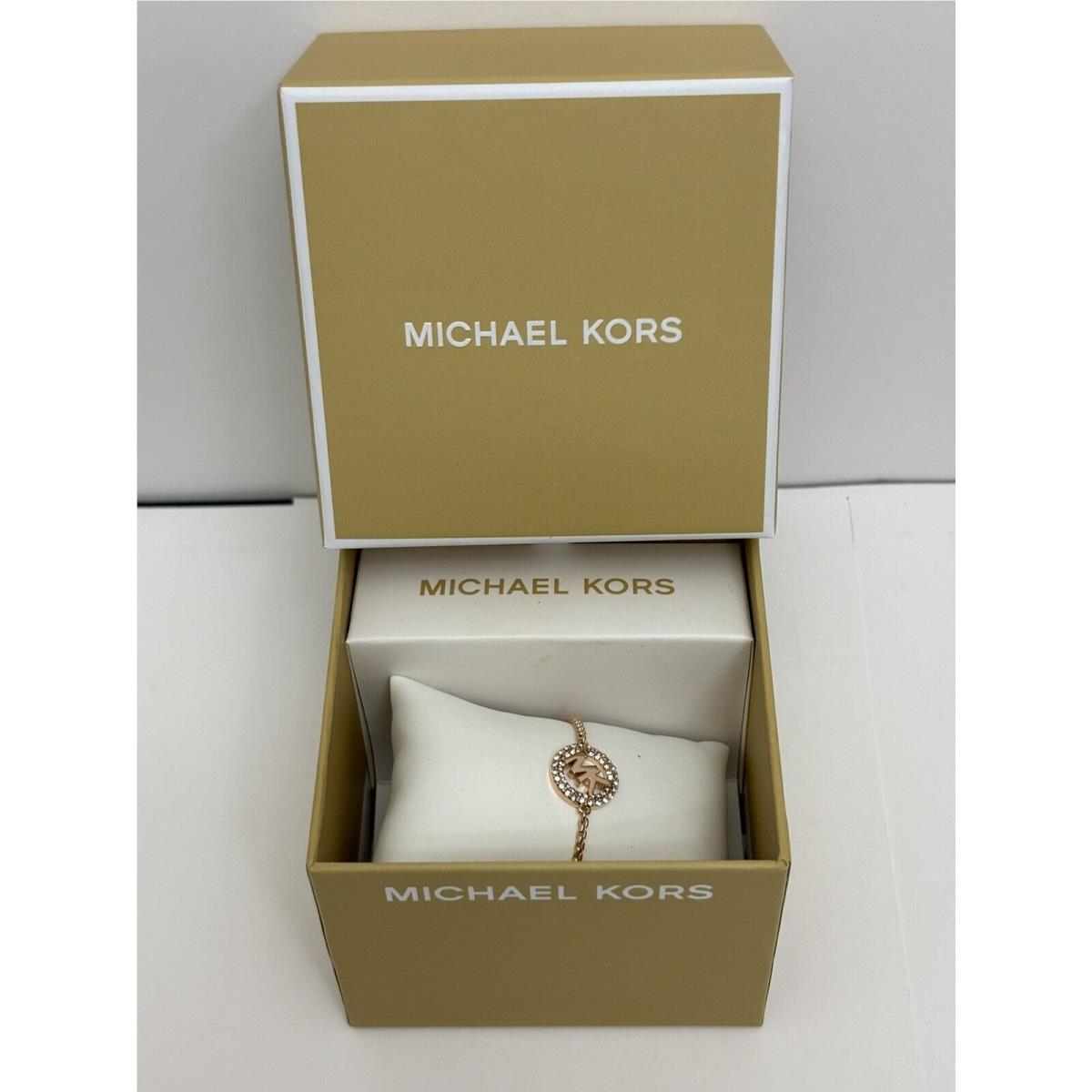 Michael Kors Rose Gold Pave MK Logo Charm Slider Bracelet MKJ7321791 Crystal