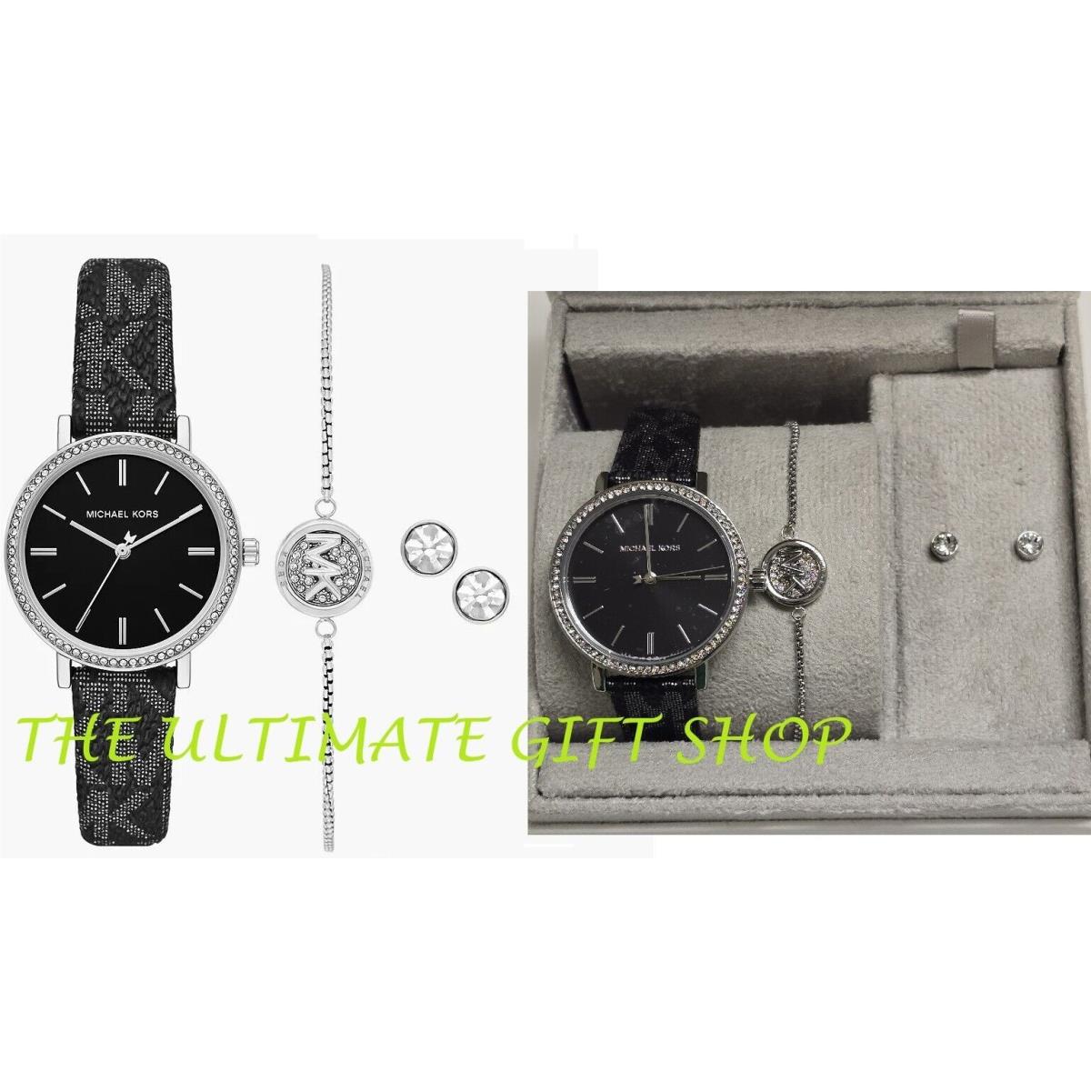 Michael Kors Silver Metallic Black Logo Pvc Crystals Watch Stud Earring Bracelet