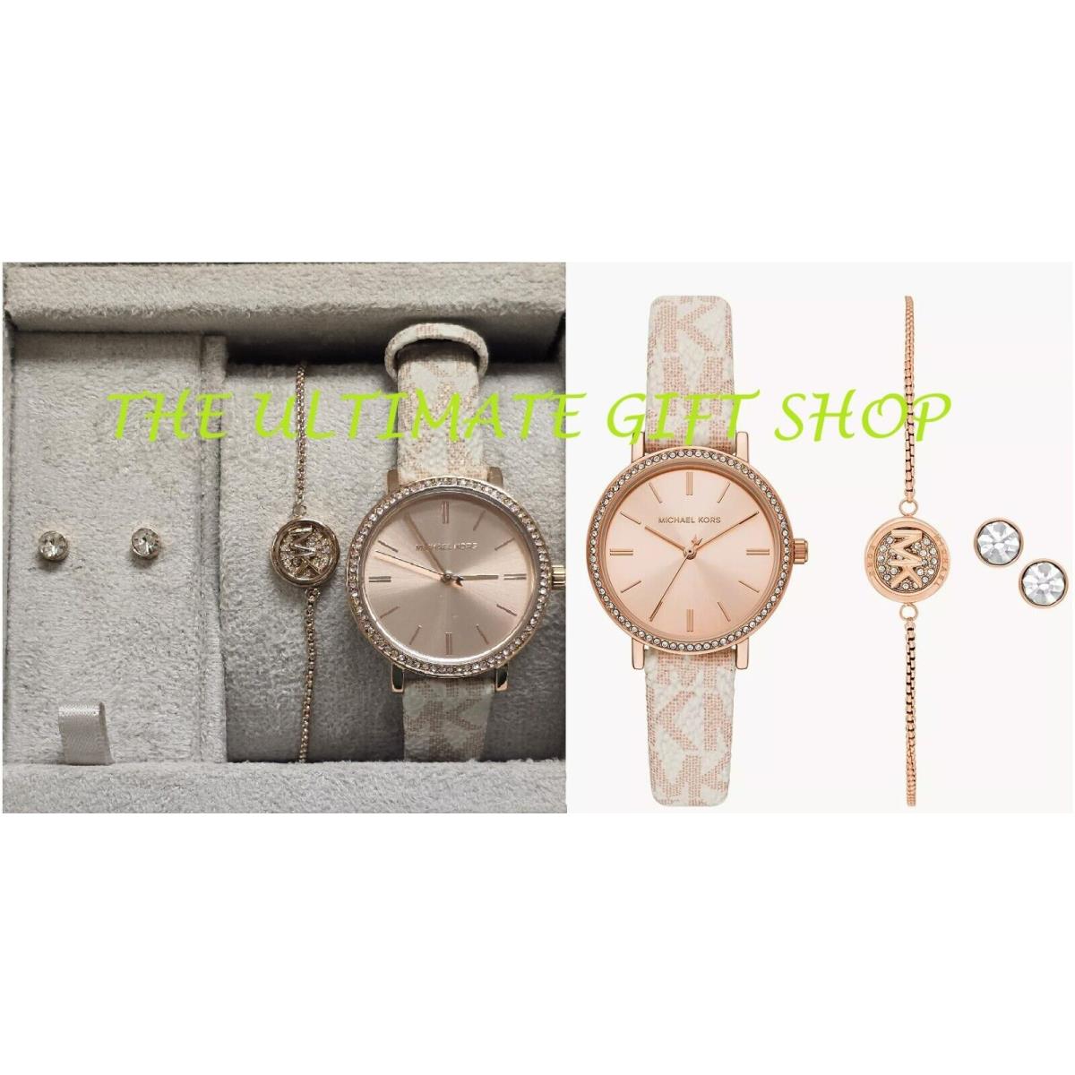 Michael Kors Rose Gold Vanilla White Pvc Crystals Watch Stud Earrings Bracelet