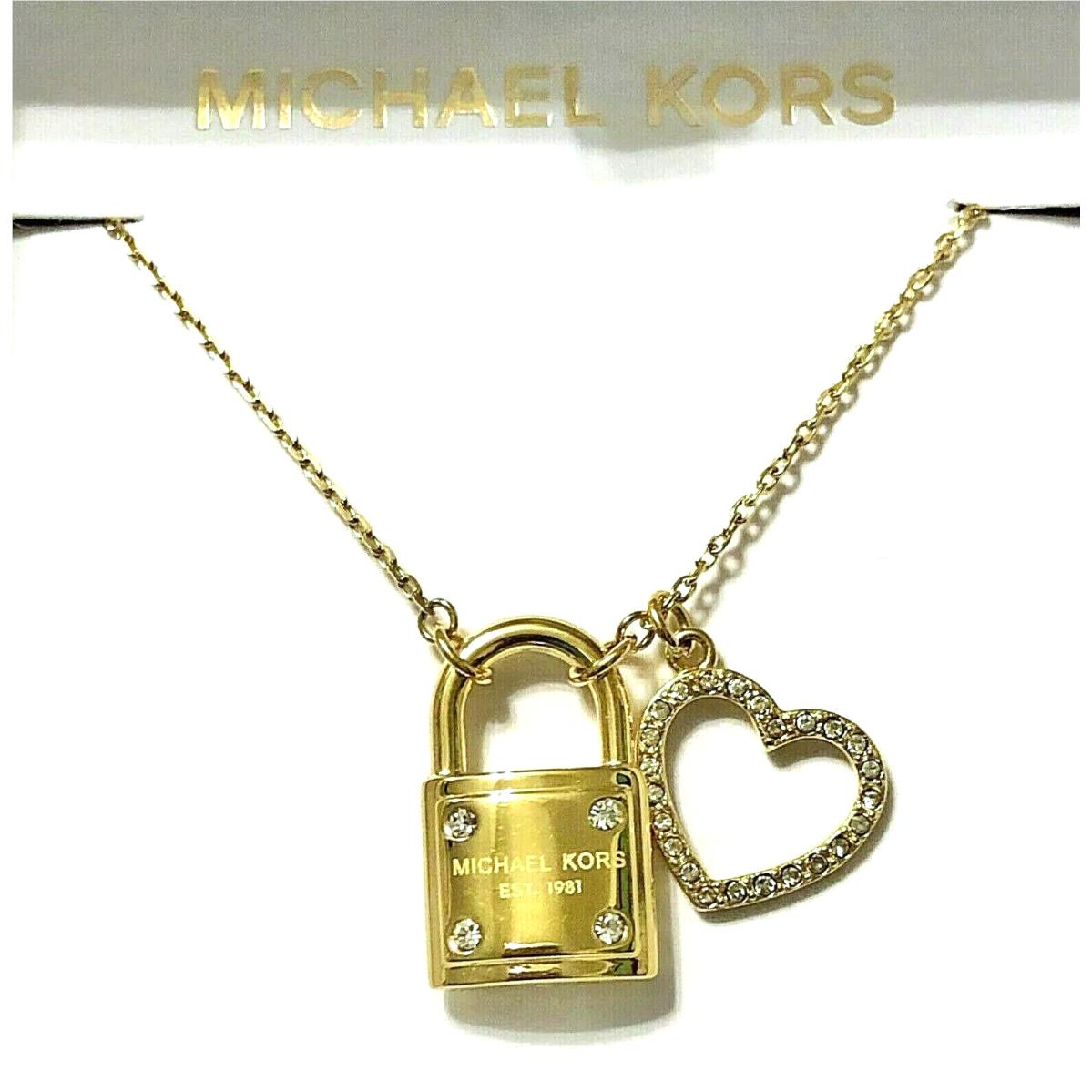 Michael Kors Gold Tone Large Padlock Cut Out Heart Charm Chain Necklace -MKJ7398