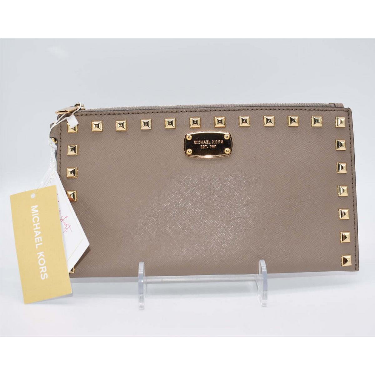 Michael Kors Studded Saffiano Leather Clutch in Taupe