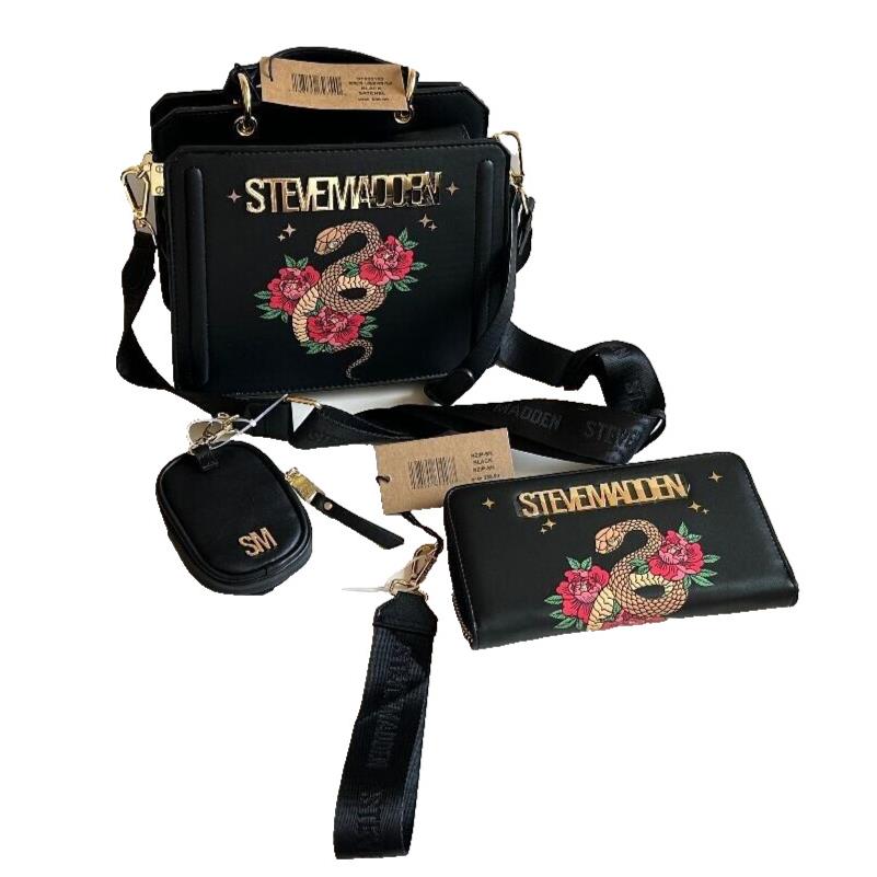 Steve Madden Bevelyn Satchel Wallet Set in Black