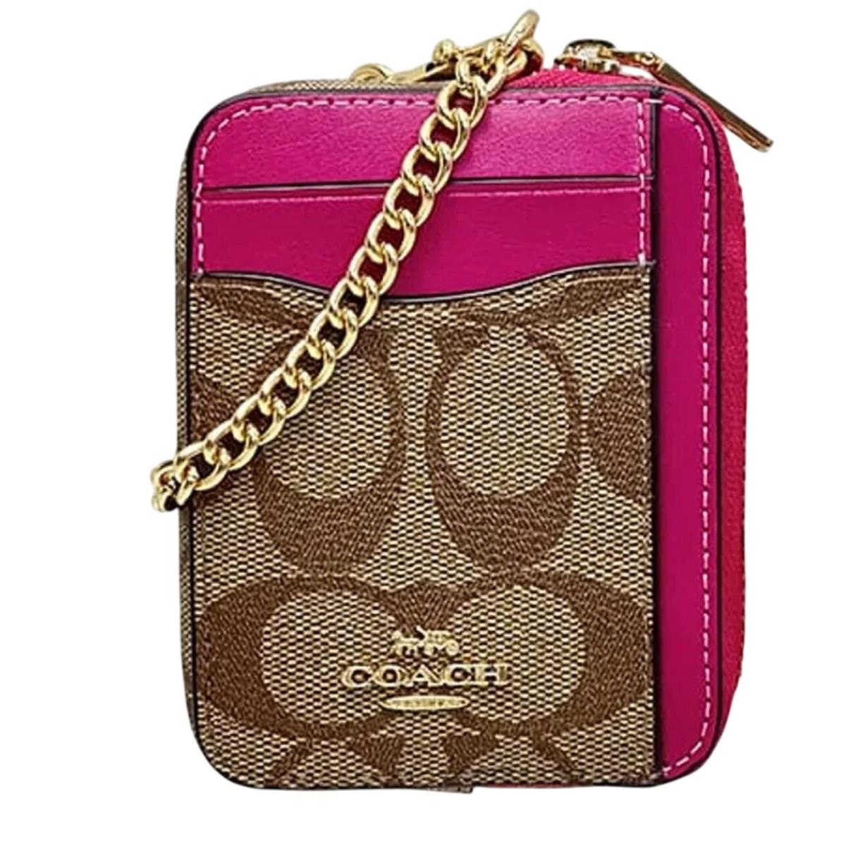 Coach L-zip Card Coin Case IN Signature Canvas Khaki Bold Pink Wallet