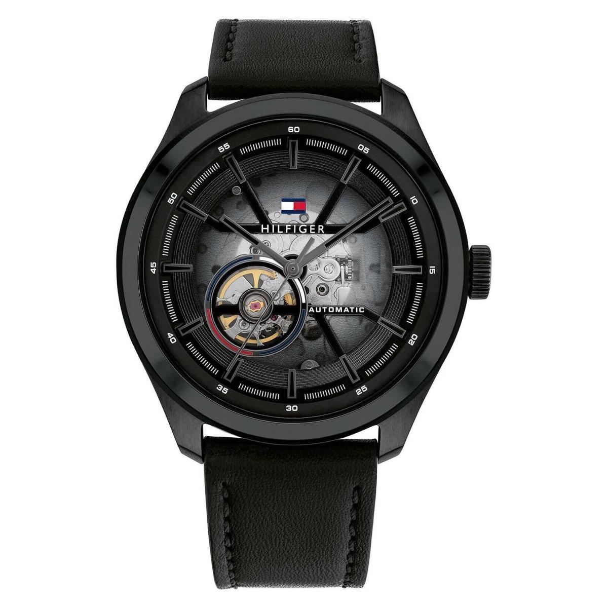 Tommy Hilfiger Oliver 1791887 Black Dial Leather Strap Automatic 45mm Mens Watch