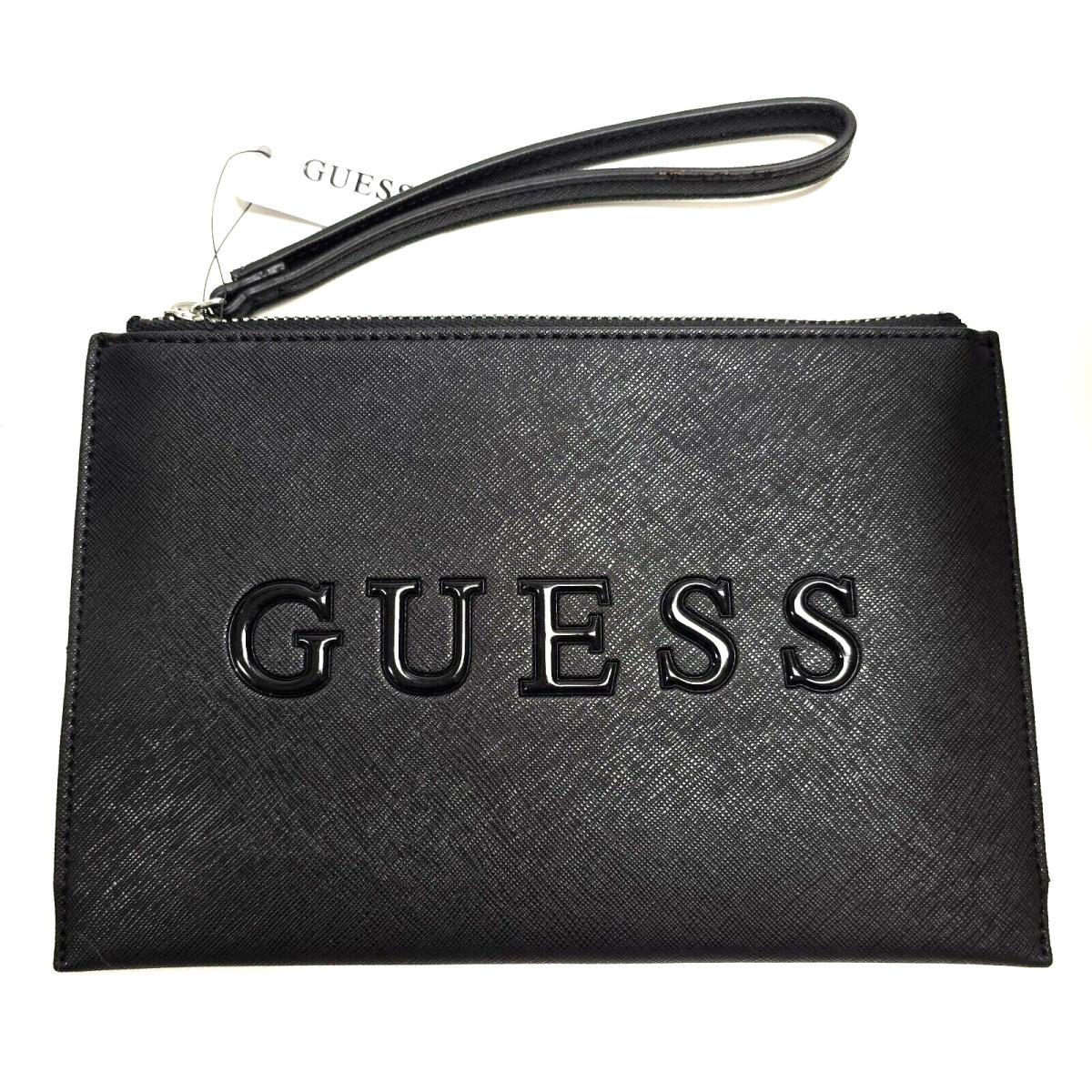 Guess Artemis Black Saffiano Leather Silver Zippers Wristlet Clutch Wallet