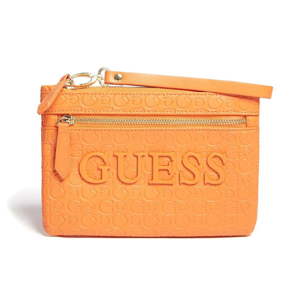Guess Orange Coral Embossed Leatherette Gold Zip Logo Wristlet Clutch Wallet