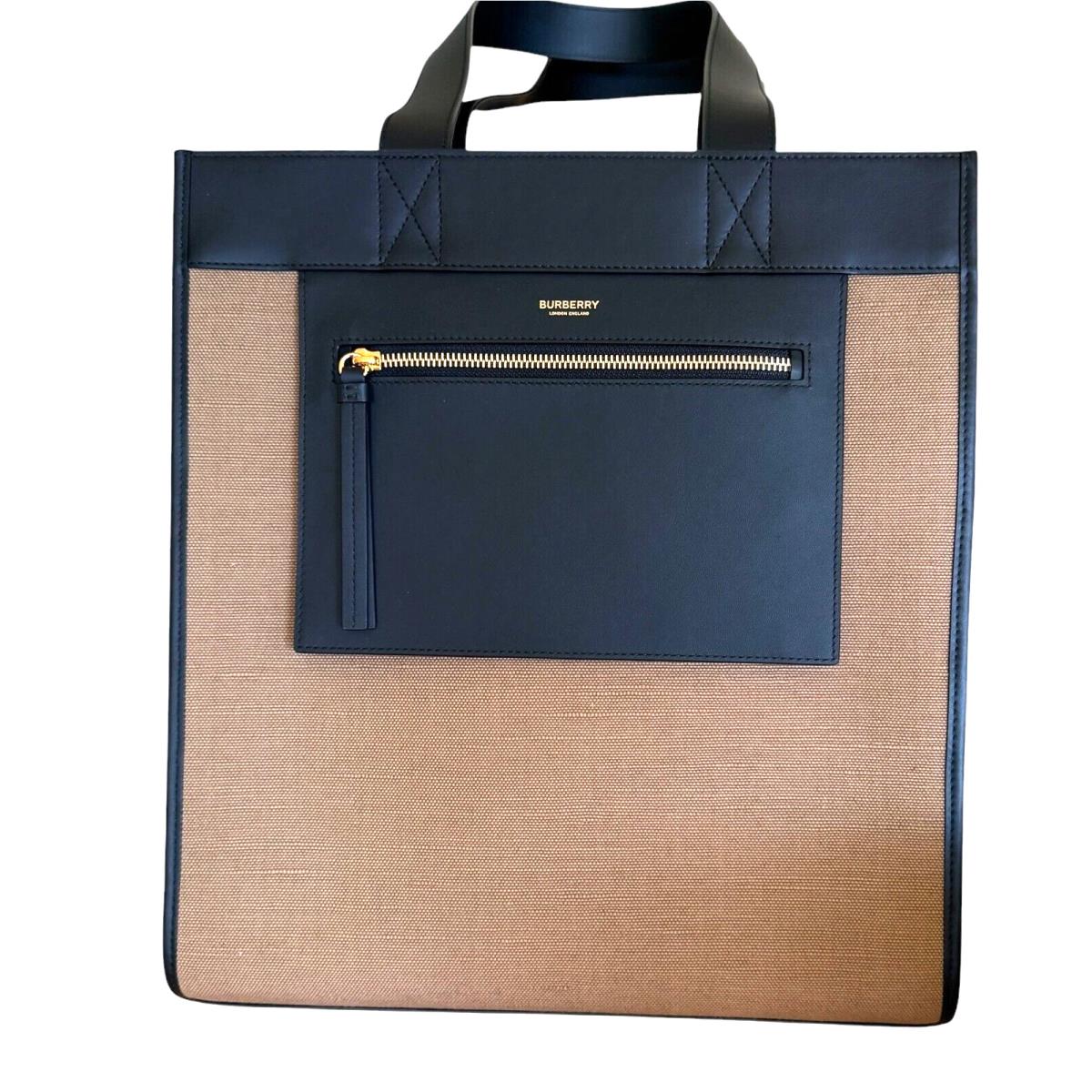 Burberry 8093452 Camel Fabric and Black Leather Tote Bag