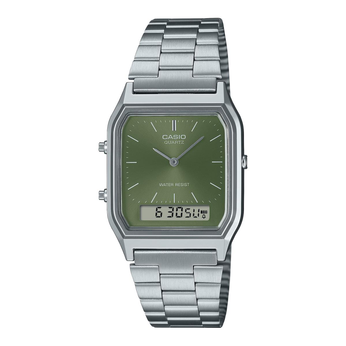 Casio Vintage Analog Digital Green Dial Silver Tone Unisex Watch AQ-230A-3A
