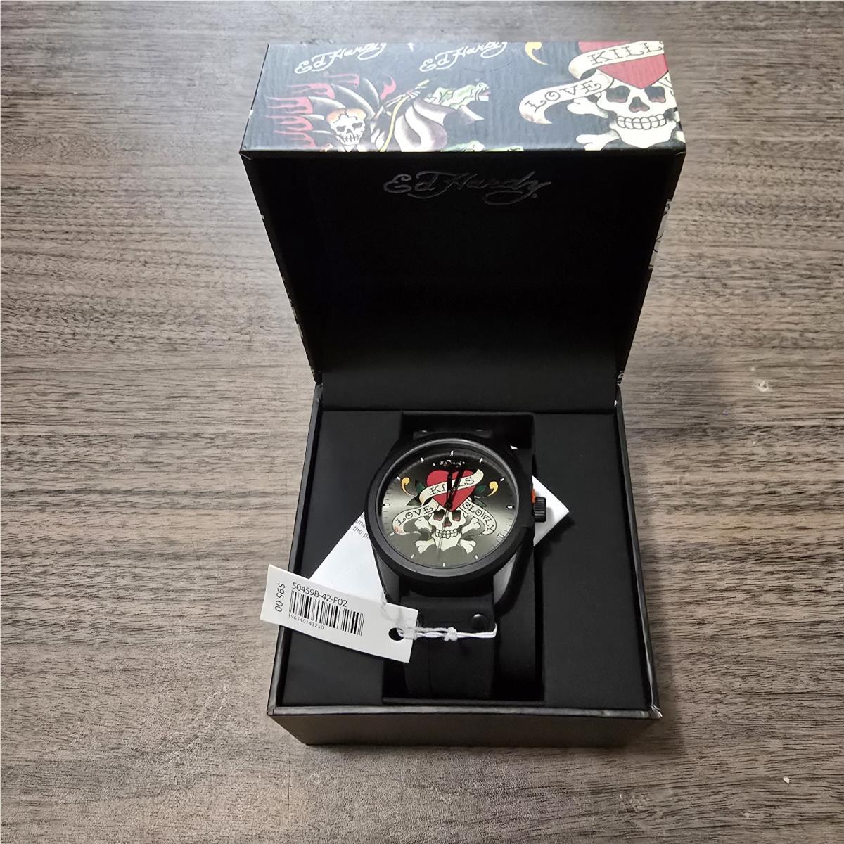 Ed Hardy Men`s Love Kills Slowly Black Strap Watch 46mm Tattoo Skull and Heart