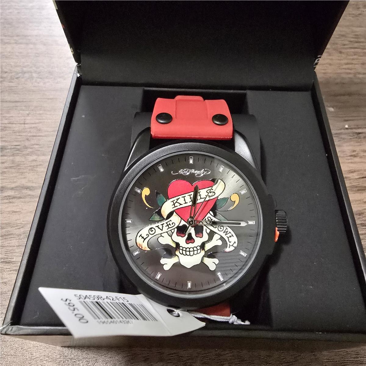 Ed Hardy Men`s Love Kills Slowly Red Strap Watch 46mm Tattoo Skull and Heart