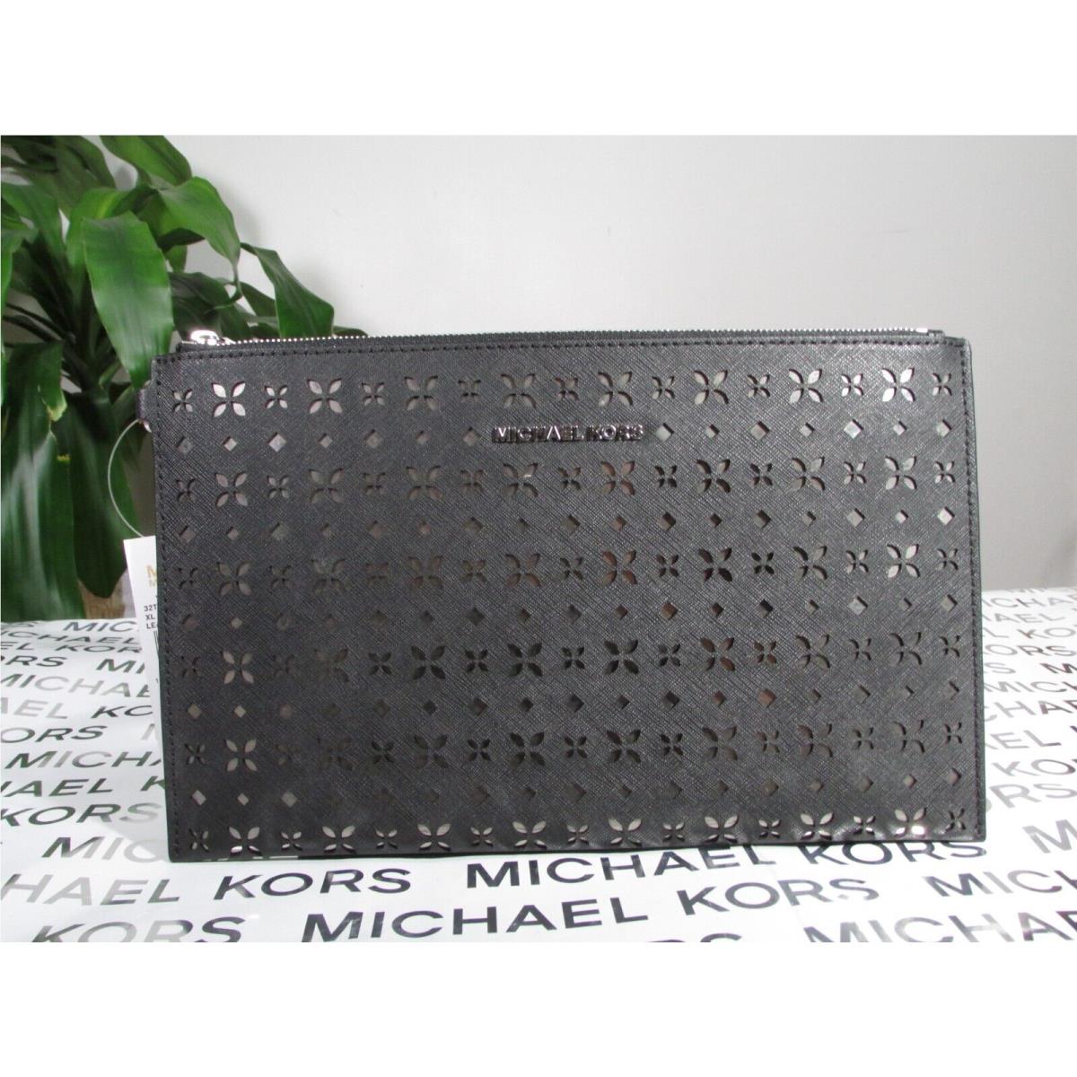 Michael Kors Saffiano Leather XL Clutch Wristlet Black / Nickel