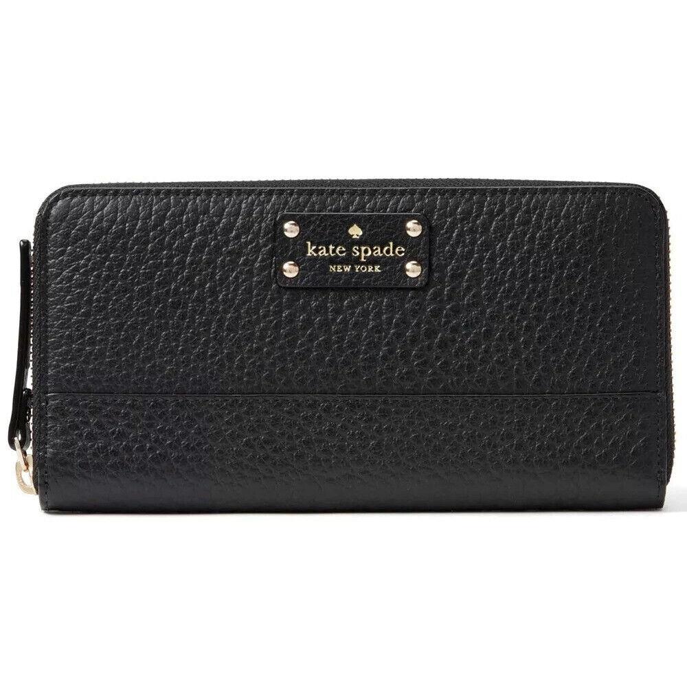 New Kate Spade Women`s Black Pebbled Leather Zip Around Wallet Clutch Bag