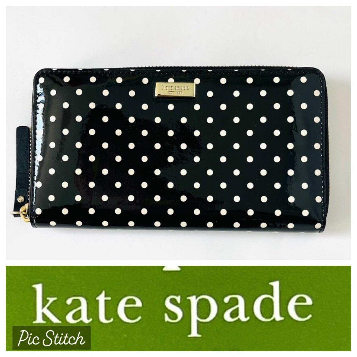 Kate Spade Neda Black White Patent Leather Polka Dot Zip Around Wallet