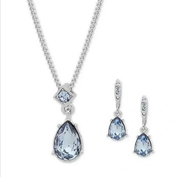 Givenchy Silver Blue Premium Crystal Pear Tear Drop Earrings Necklace Set