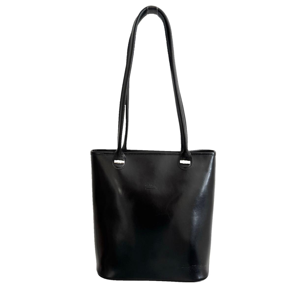 Longchamp Paris Handbag Black Leather Tote Shoulder Bag + Keeper Vintage