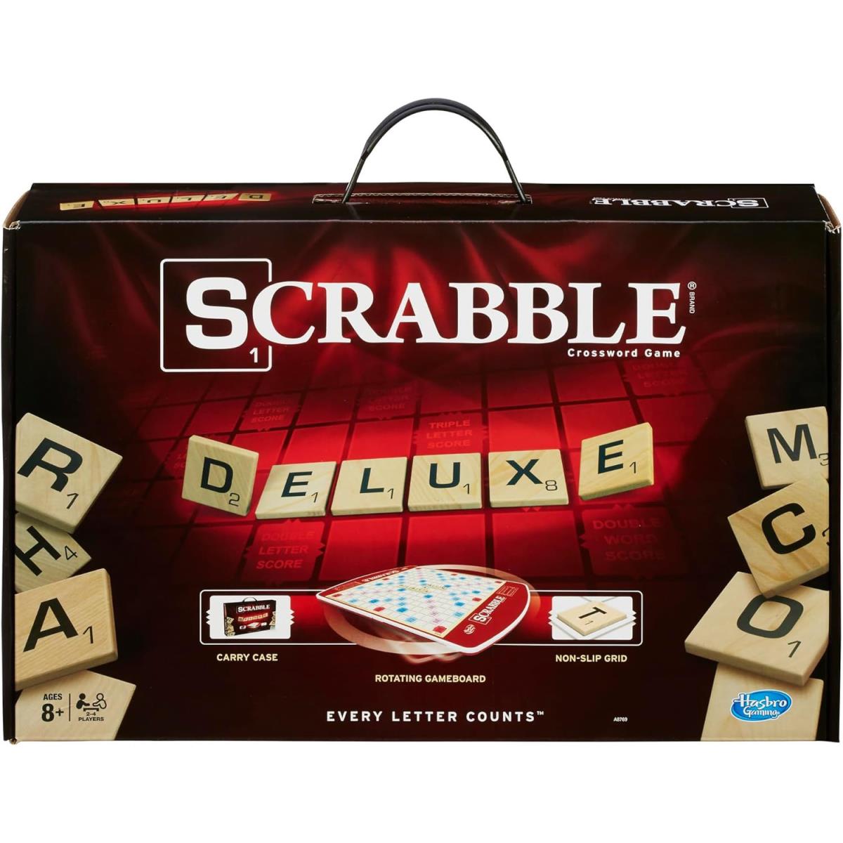 Hasbro Gaming Scrabble Deluxe Edition Letter Tiles Word Game Rotating Board an