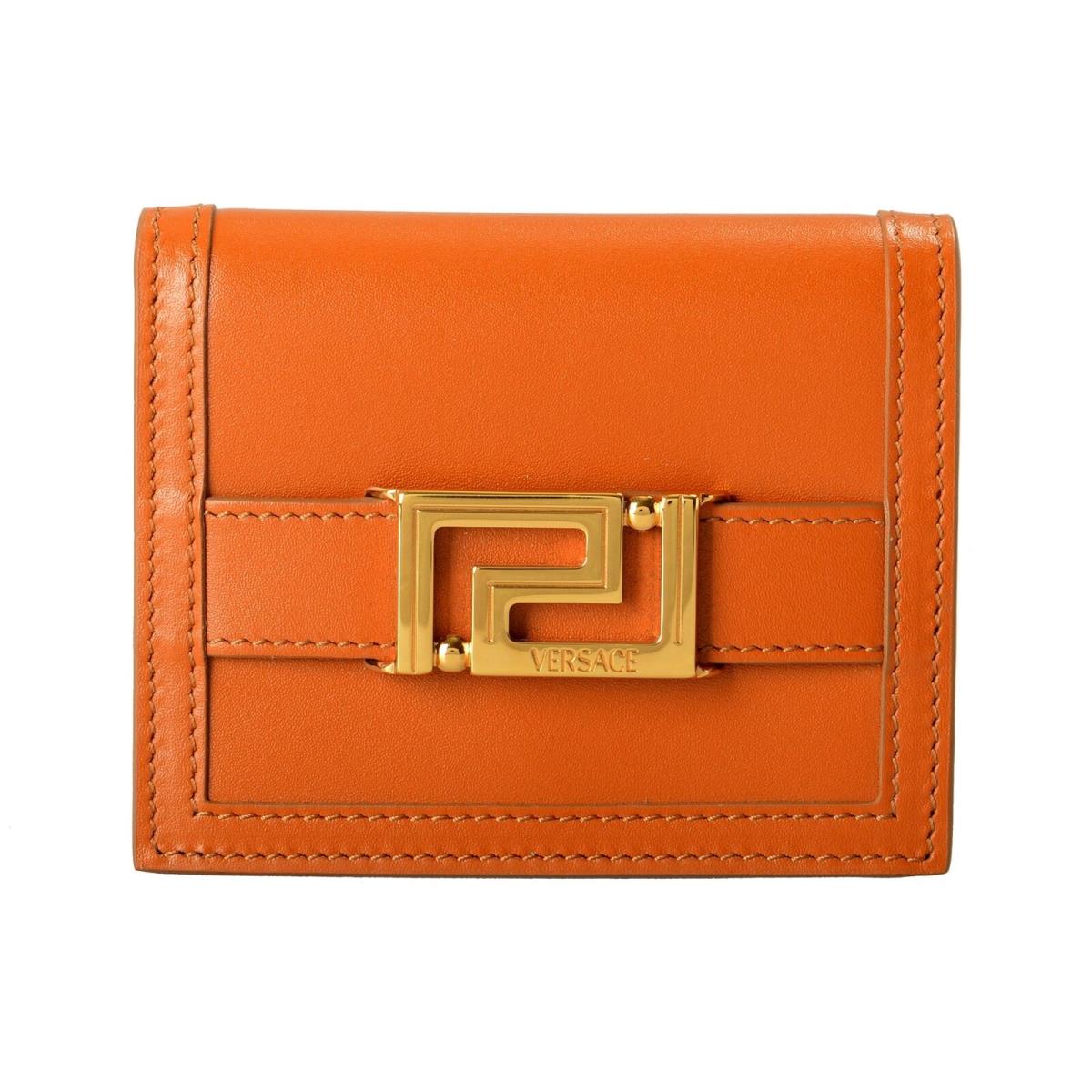 Versace Brown Leather Greeca Metal Logo Card Case Compact Wallet