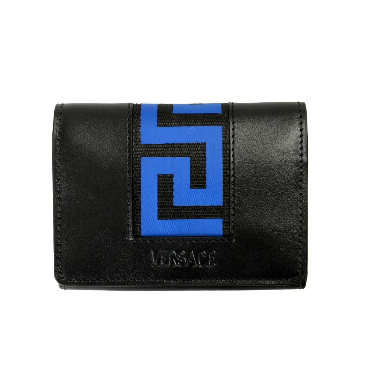 Versace Black Blue Greeca Logo Leather Card Case Wallet